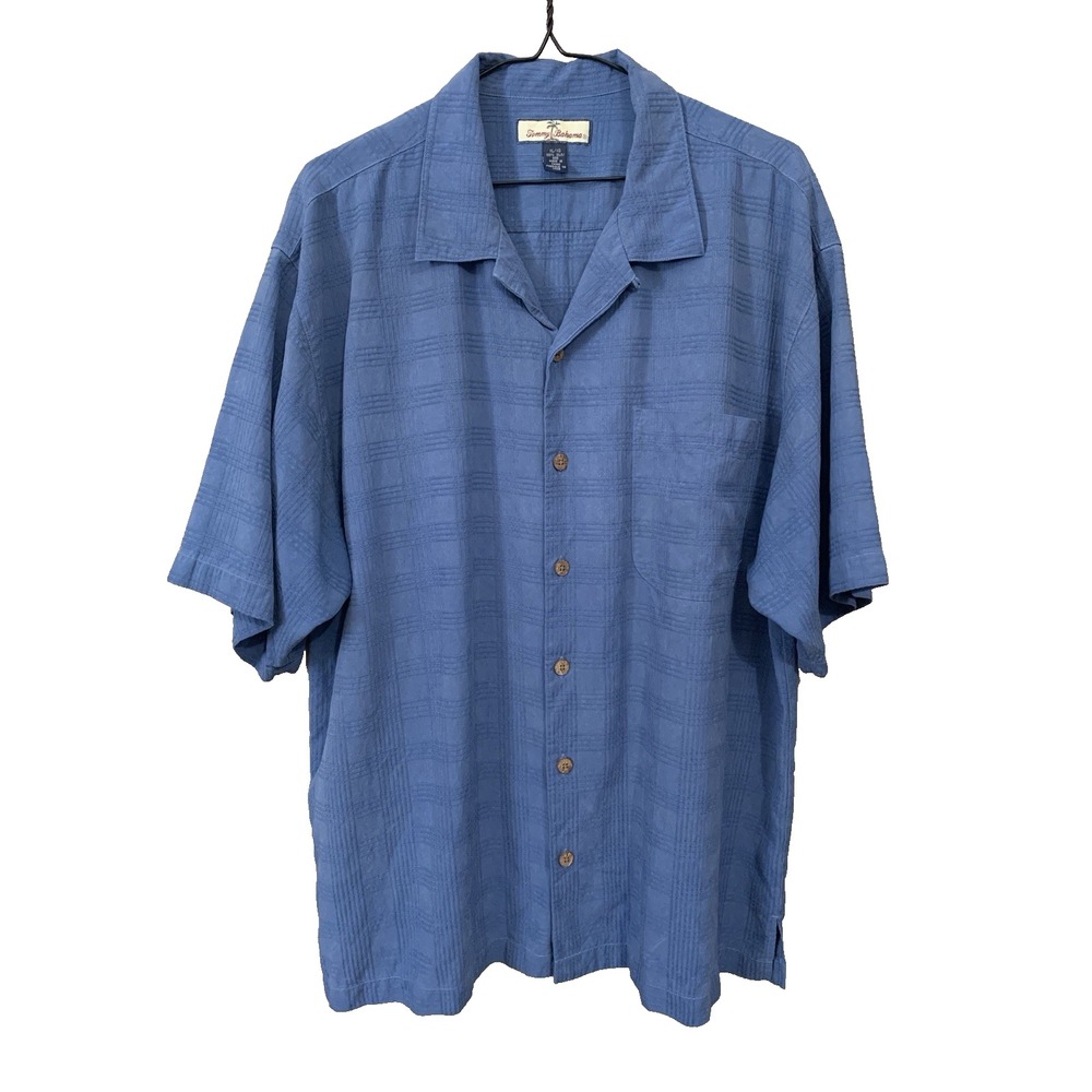 Tommy Bahama XL 100% Silk Short Sleeve Button Up Shirt Blue Camp Beach Tropical